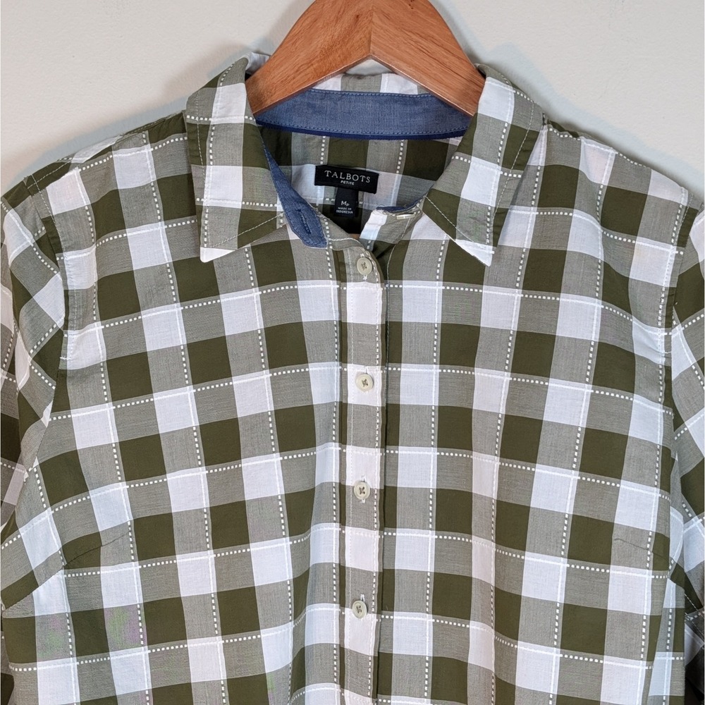 Talbots Petite Olive Green White Gingham Cotton Button Down Shirt Mp Medium P
